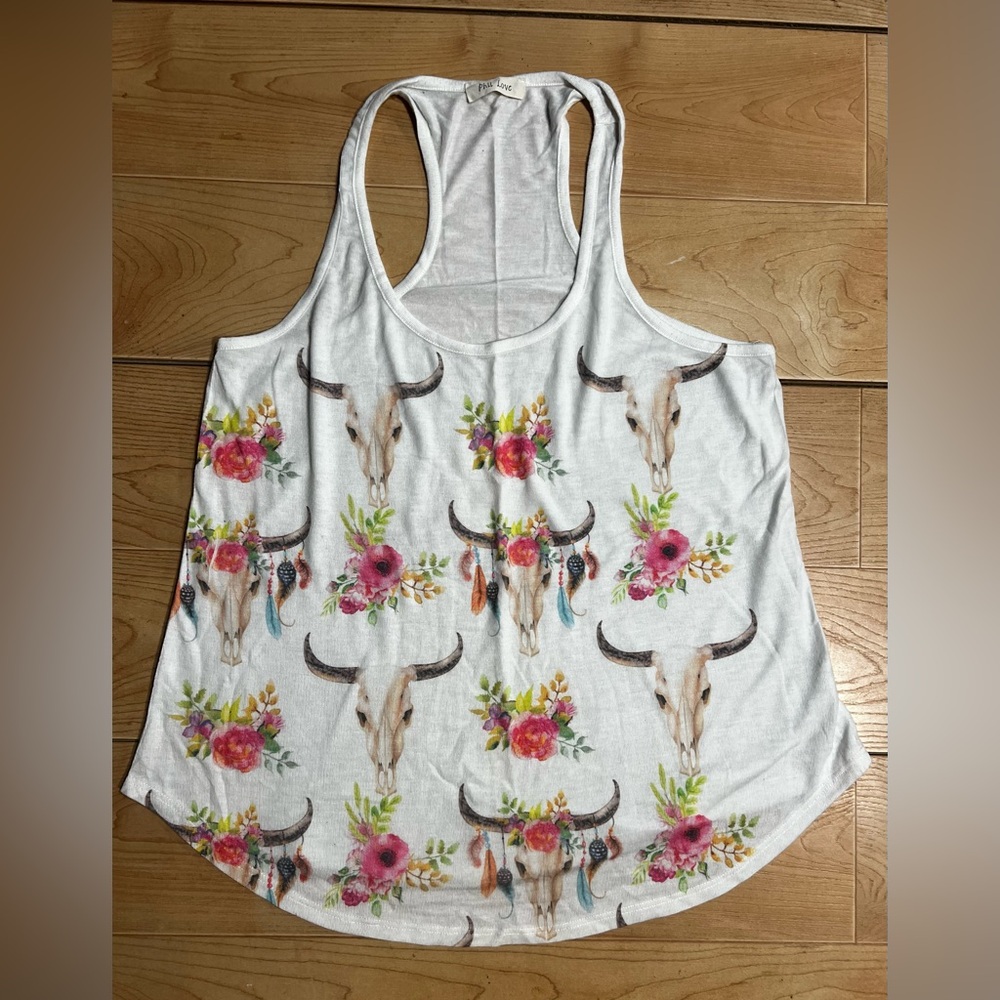 Floral Skull Print White Tank Top